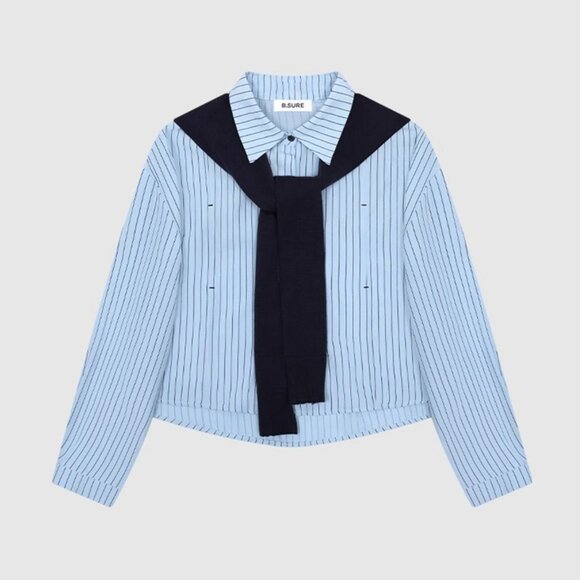 B.Sure Blue Striped Shirt Knitted Shawl - Picture 1 of 4
